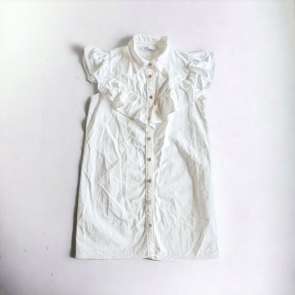 ZARA Denim Prairie Sleeveless Flounced Button Front Shirt Dress M Oyster White - Picture 5 of 10